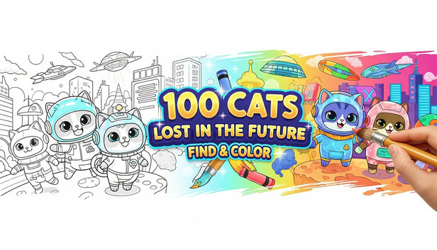 100 Cats Lost in the Future Find & Color