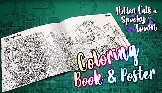 Hidden Cats in Spooky Town - Printable PDF Coloring Book and Poster