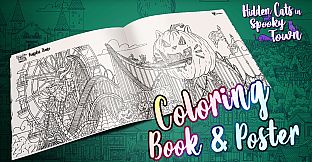 Hidden Cats in Spooky Town - Printable PDF Coloring Book and Poster