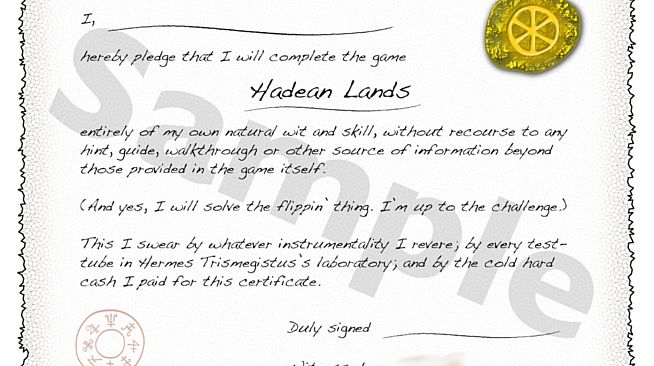 Hadean Lands - Solo Adventurer Pledge Certificate