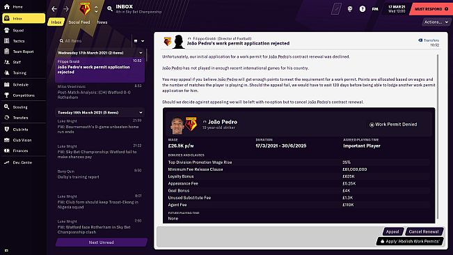 Football Manager 2021 Touch - No Work Permits