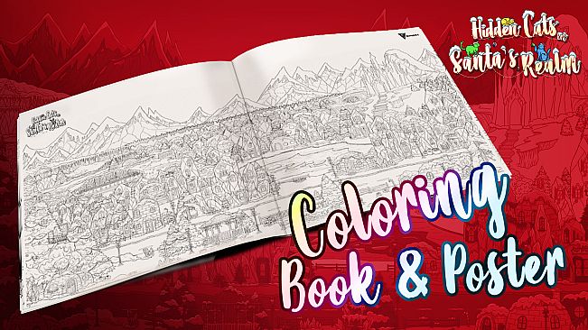 Hidden Cats in Santa's Realm - Printable PDF Coloring Book and Poster