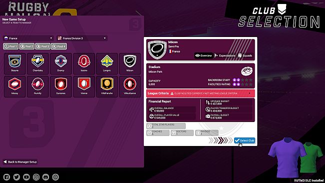 Rugby Union Team Manager 3 DLC “The International Teams and Competitions. Plus extra French Teams and Division”